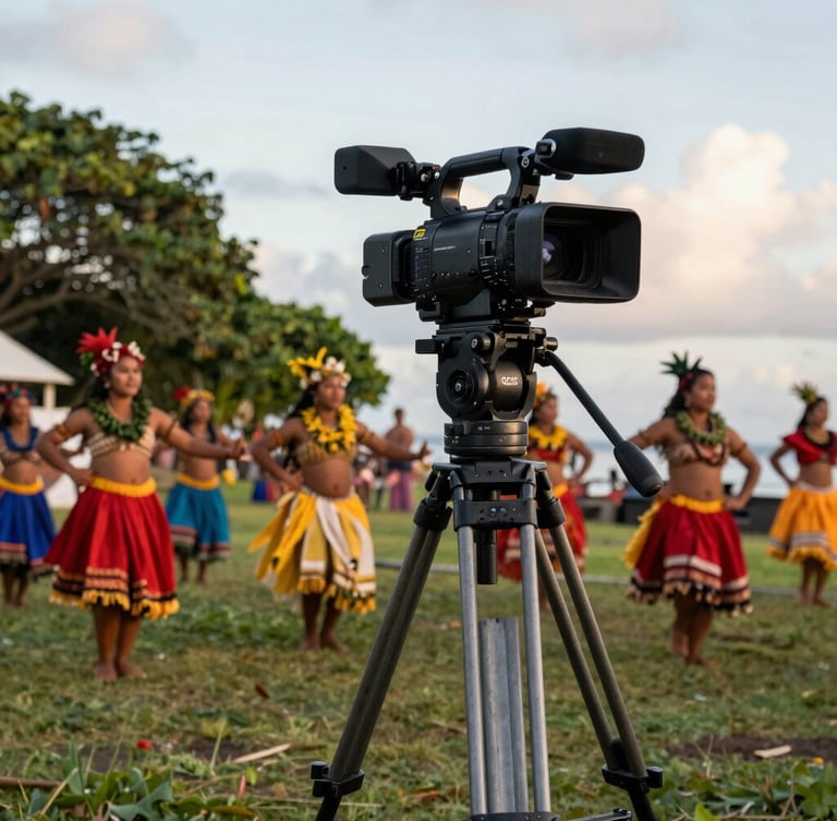 A professional television news camera on a heavy tripod framing a vibrant cultural dance performance at golden hour in Apia, Samoa.
