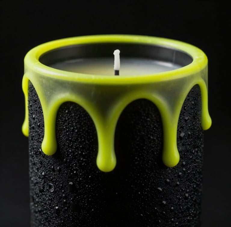 Extreme close-up of a textured black candle with neon yellow wax drips, dramatic dark studio lighting, high contrast, 50mm