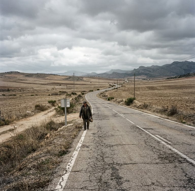 Wide angle documentary shot of the EX-370 road landscape, dry agricultural fields under an overcast grey sky, realistic gritty texture, 35mm film