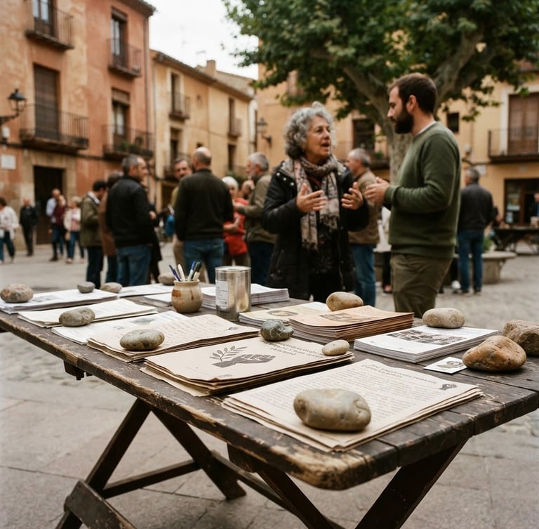 A close-up documentary photograph of a rustic wooden table set up in a sunny Spanish town square, papers and brochures held down by stones, people in the background talking, warm natural overcast light, 35mm film.
