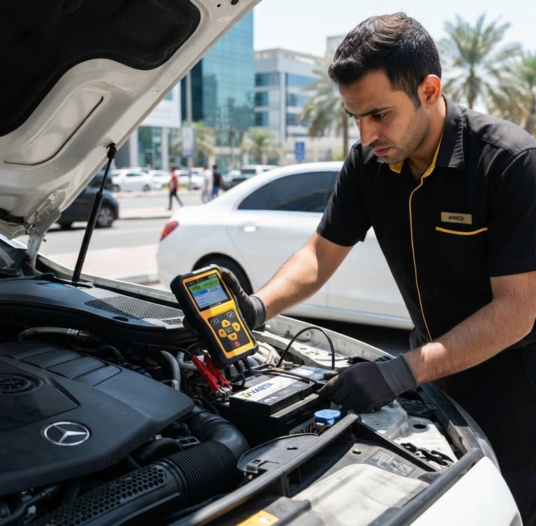 Close-up action shot of a technician in a clean black and yellow uniform using a digital battery tester under the open hood of a modern vehicle on a sunny Dubai roadside, bright midday light.