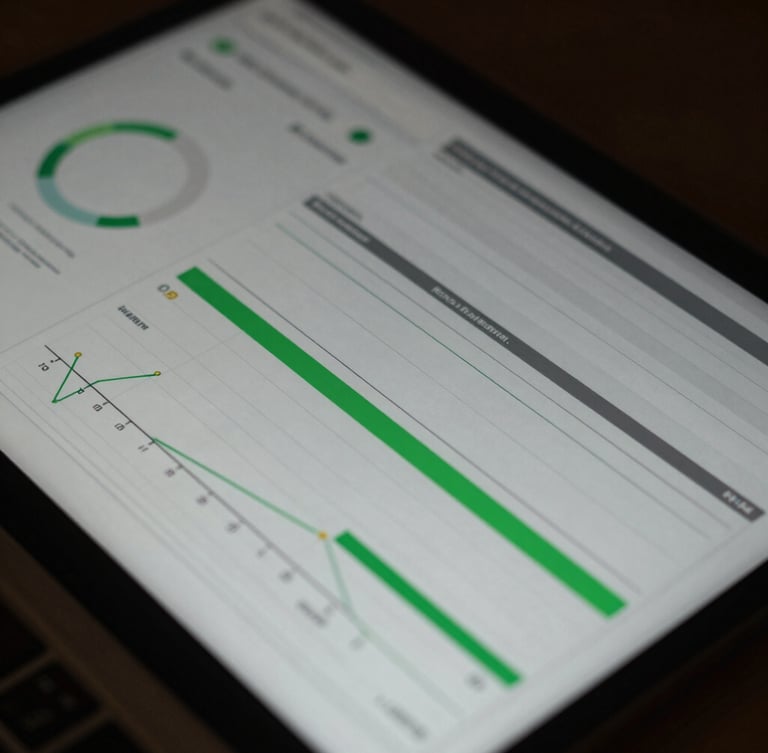 Macro close-up of a complex analytics dashboard showing multi-touch attribution models, low-key moody ambient light with sharp green screen-glare highlights.