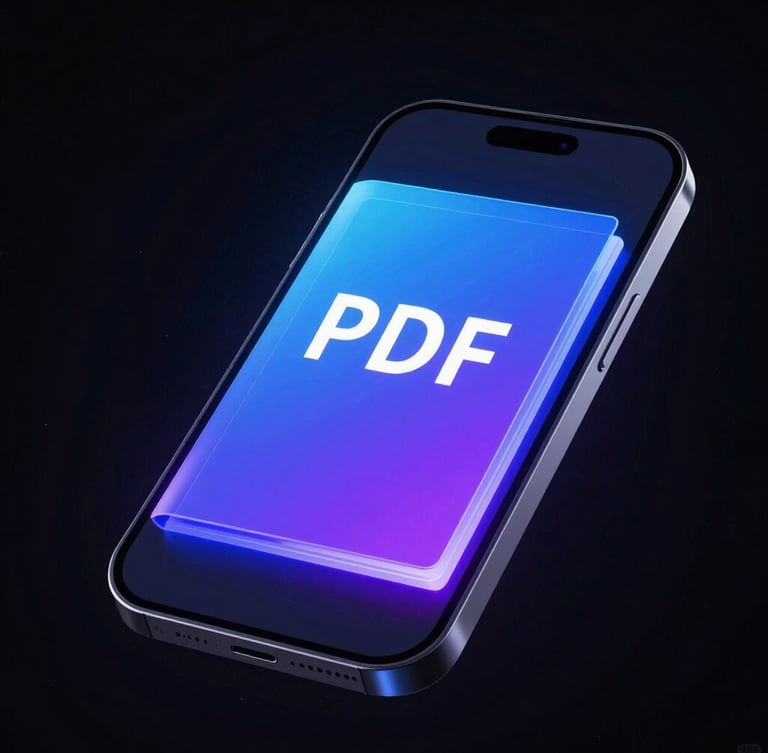 A futuristic 3D mockup of a smartphone floating in dark space, displaying a glowing neon blue and purple PDF guide cover on its screen, sharp high-contrast lighting, obsidian background, 8k