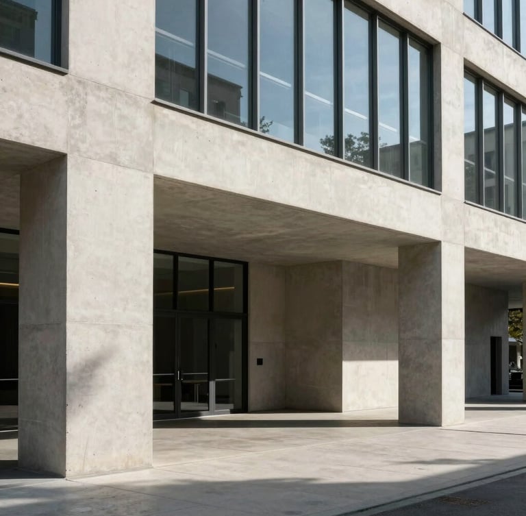 High-contrast architectural crop of a modern concrete and glass creative hub, sharp afternoon shadows, minimalist Swiss design aesthetic, warm off-white tones.