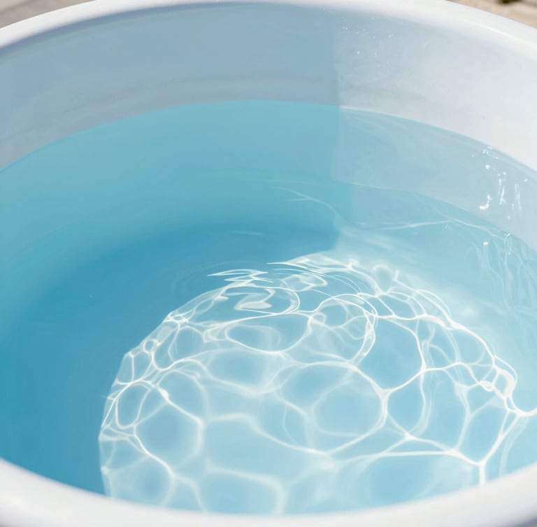 Close-up of a sparkling clean water tank interior with crystal clear water reflecting bright daylight, professional high-key lighting, clean blue and white tones