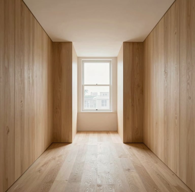Symmetrical architectural interior photography of a luxury modern apartment living room, light oak paneling, soft natural light, medium format