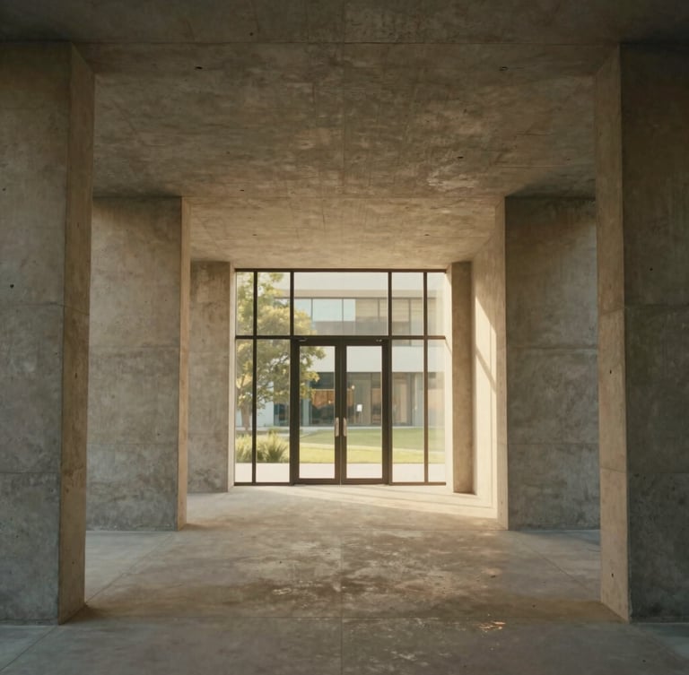Cinematic architectural video frame, slow camera movement through a minimalist concrete and glass hallway, warm golden hour light