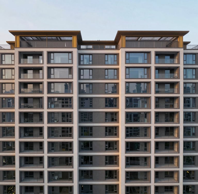 Geometric aerial view of a luxury residential building facade, symmetrical lines, soft evening sky background, architectural drone photography