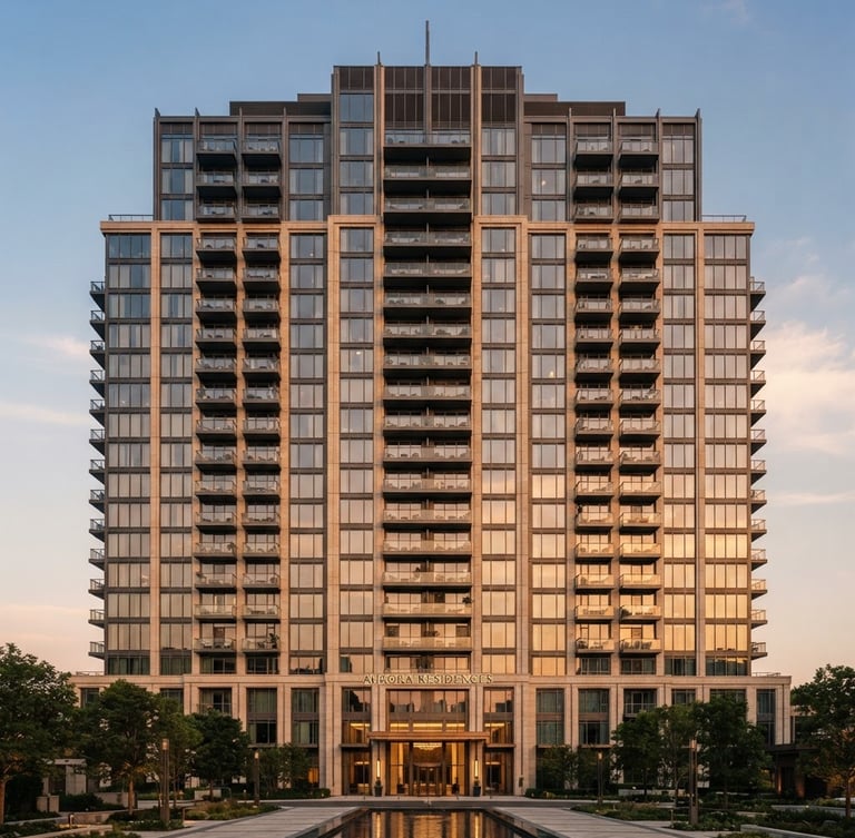 Symmetrical architectural shot of a modern luxury residential tower facade at golden hour, sharp vertical lines, warm neutral tones, medium format 35mm