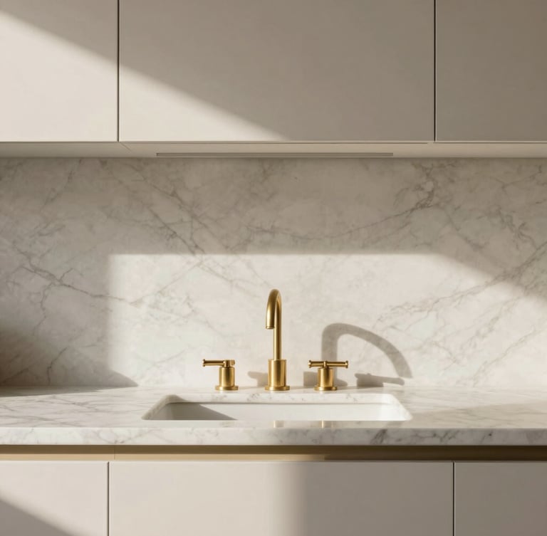 Architectural close-up of premium marble countertops and brass fixtures, soft side lighting, shadows, minimalist kitchen interior