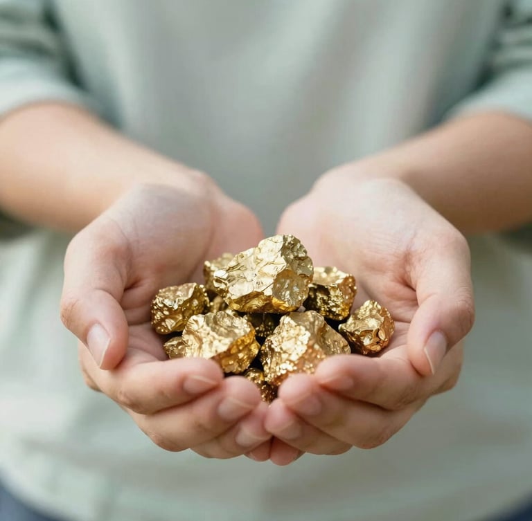 Close-up shot of hands holding raw gold ore under soft natural daylight, bright and airy environment, shallow depth of field, 35mm style