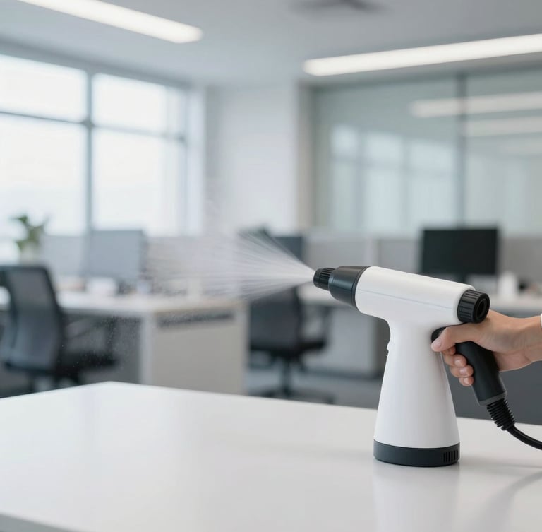 Close-up of a clean corporate office desk surface being misted by a professional electrostatic sprayer, bright clean natural light, crisp cool tones, 35mm lens