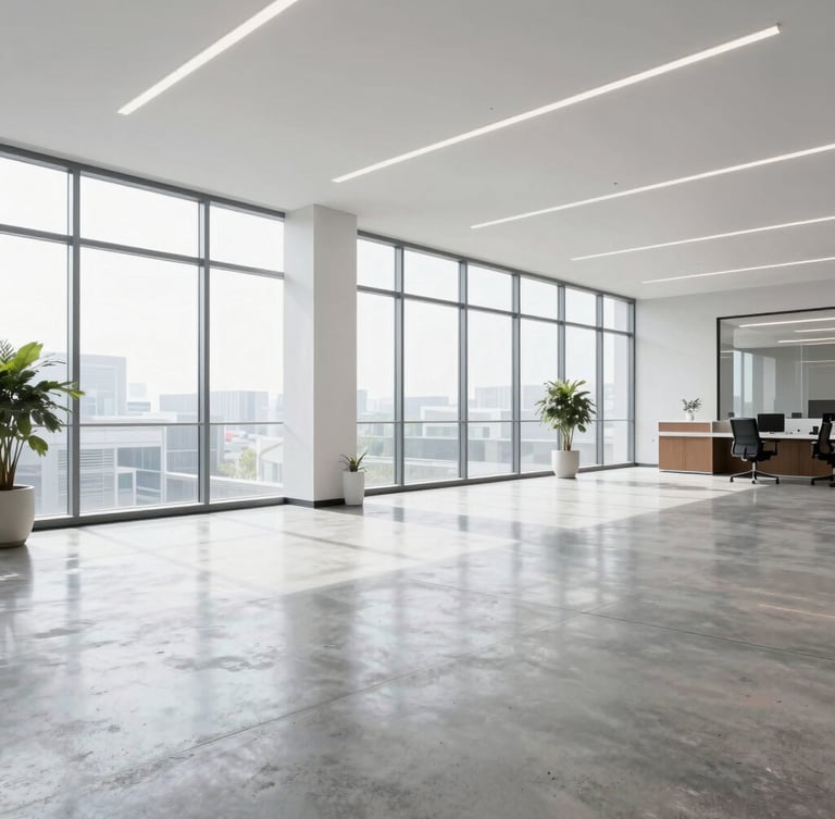 A bright, clean corporate office lobby with polished concrete floors and large windows, natural light, professional commercial space, 35mm lens