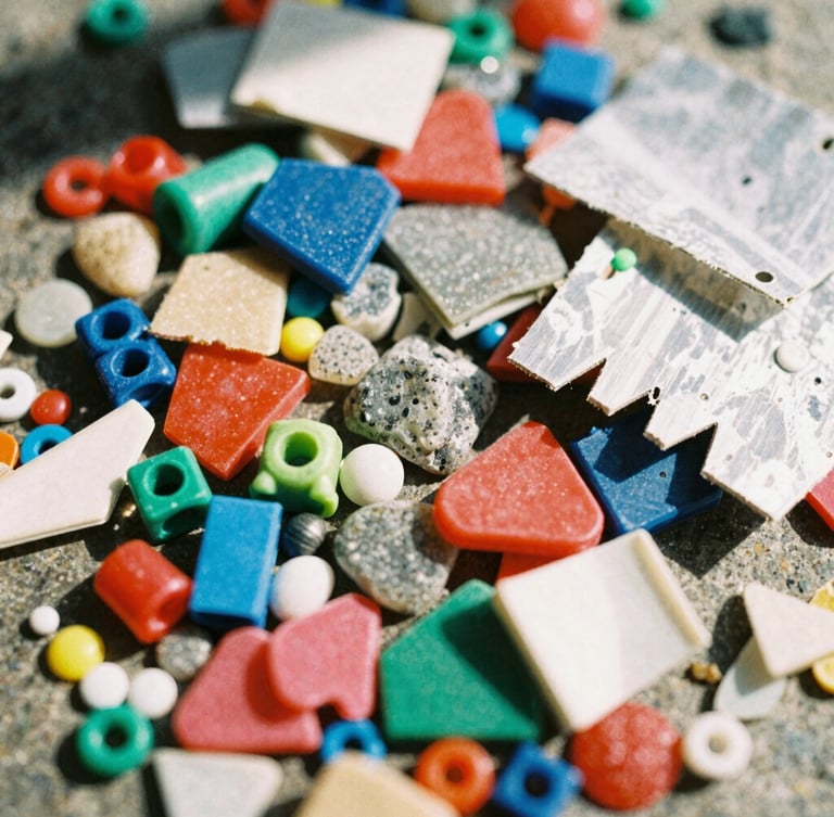 Tactile macro photography of raw material piles, colorful plastic shards, scrap resin chunks, and discarded shrink paper under harsh direct sunlight with sharp shadows, 35mm film texture.