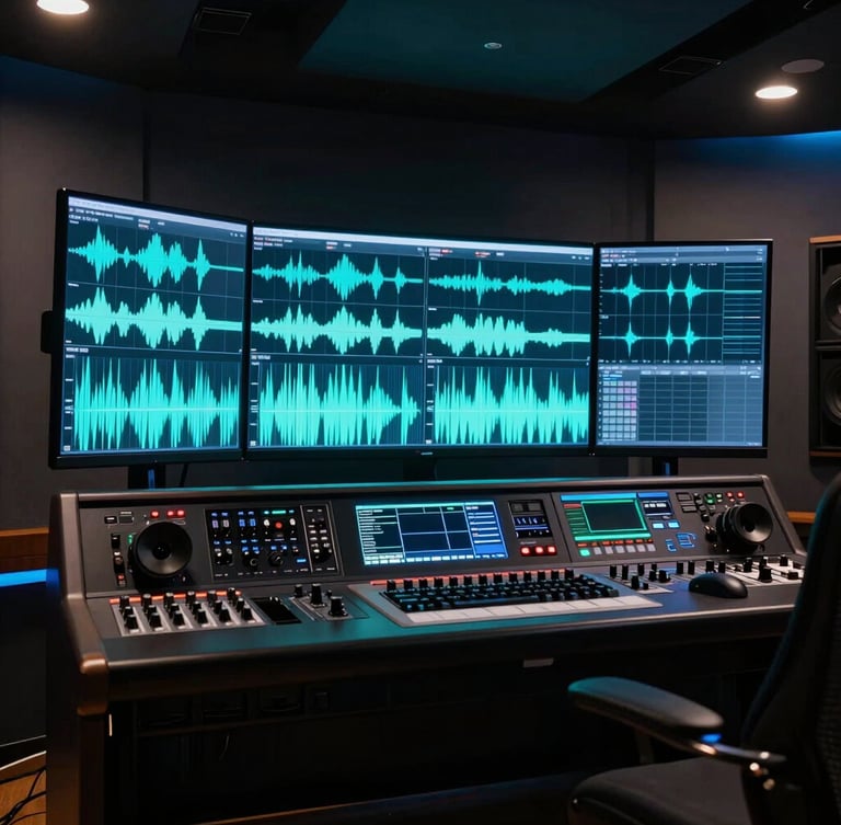 Wide angle of a futuristic dark-mode recording studio console with a full four-screen curved display showing glowing cyan audio waveforms, moody neon ambient lighting, 35mm