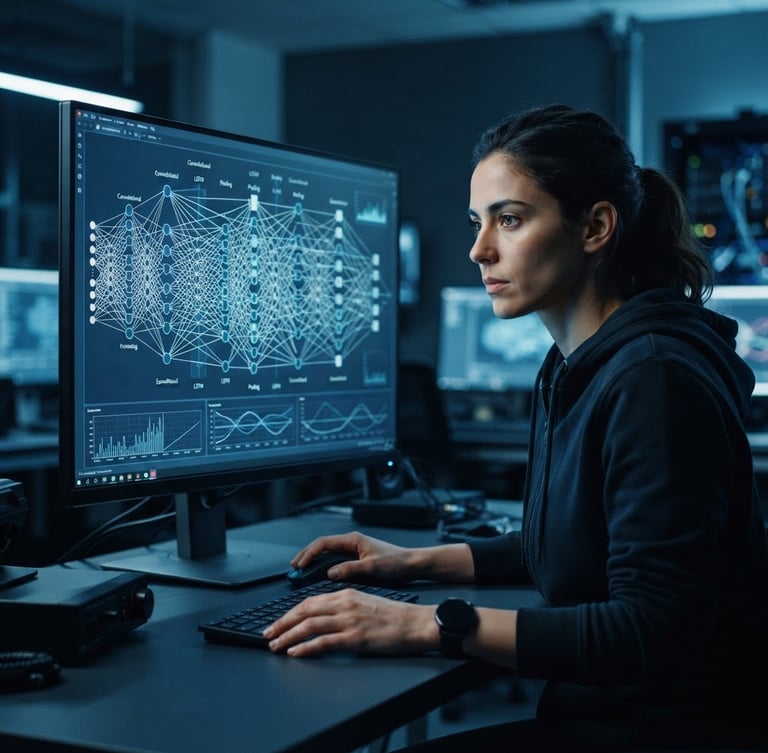 Medium close-up of a developer analyzing complex neural network architecture schemas on a high-resolution display, cool architectural blue lighting, sharp focus, 35mm lens