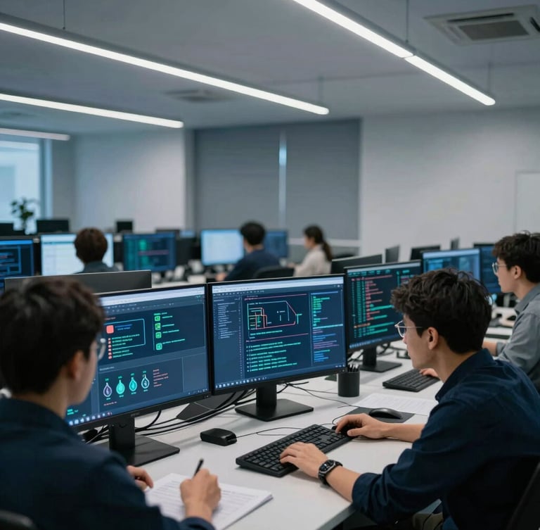 Cool editorial photography of developers analyzing complex data schemas on high-resolution screens in a modern lab, crisp architectural lighting, 35mm lens.