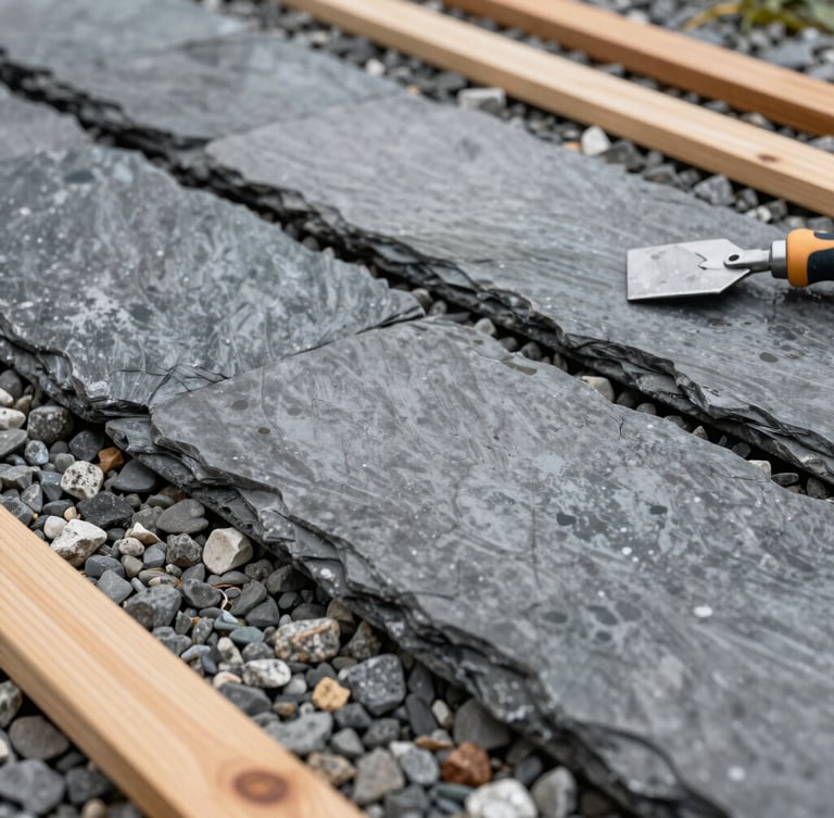 Sharp architectural close-up of interlocking slate paving stones being meticulously laid on a perfectly leveled gravel base, wet stone texture, professional masonry tools nearby, overcast light