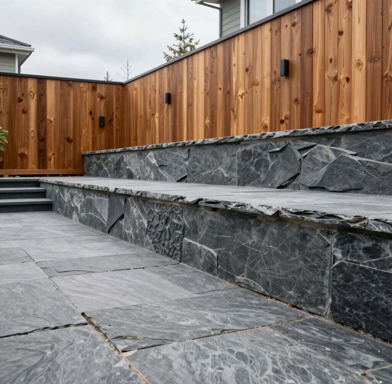 Sharp architectural photograph of a modern tiered backyard in Vancouver with slate gray paving stones and a structural retaining wall, overcast daylight, 35mm lens