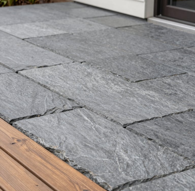 Sharp architectural photo of a modern paving stone patio with clean joints, soft overcast Vancouver daylight, slate gray tones, 35mm lens
