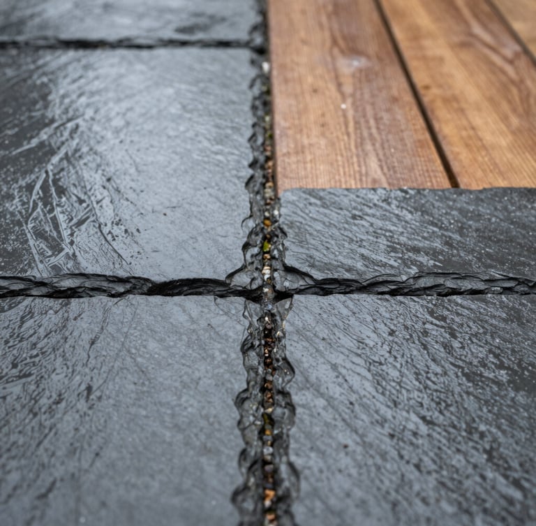 Sharp macro shot of perfectly aligned paving stone joints, wet-look dark slate stone after a light Vancouver rain, highlighting precise masonry craftsmanship, 35mm lens