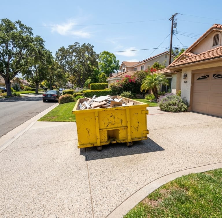 A bright yellow roll-off dumpster placed neatly on a clean residential driveway under direct California sunlight, wide environmental shot