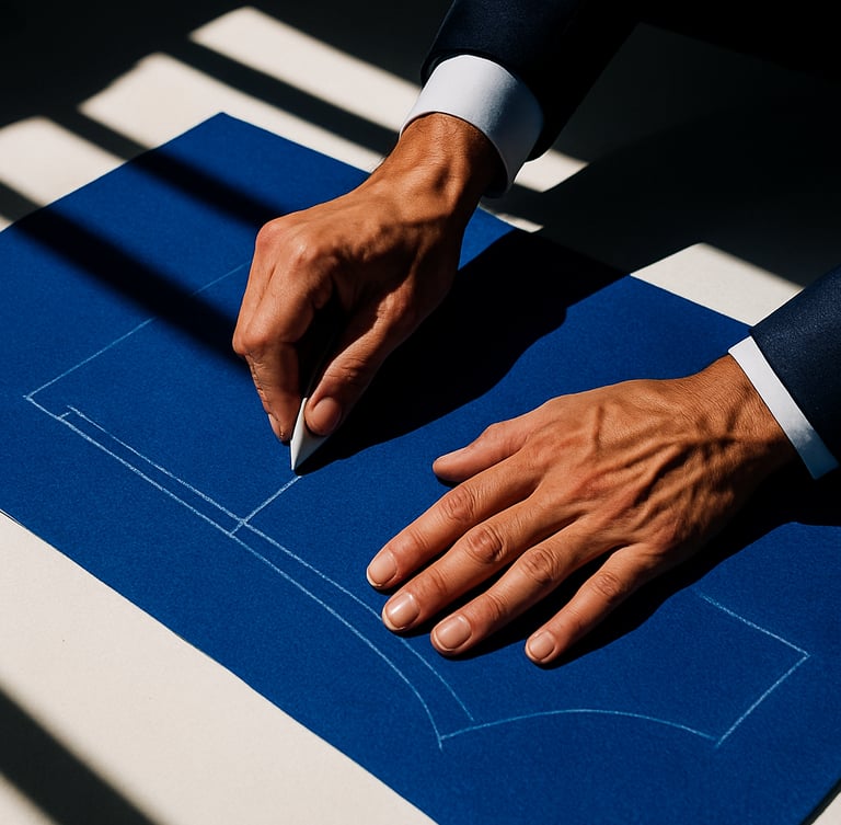 High-fashion editorial photography of a tailor's hands chalking a pattern on structured electric blue wool fabric, sharp tropical sunlight casting high-contrast shadows across the clean white work table, 35mm lens