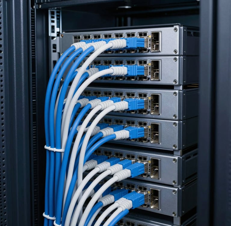 Crisp technical photography of a modern server rack with perfectly organized blue and white ethernet cables, cool-toned studio lighting, sharp focus, 50mm lens