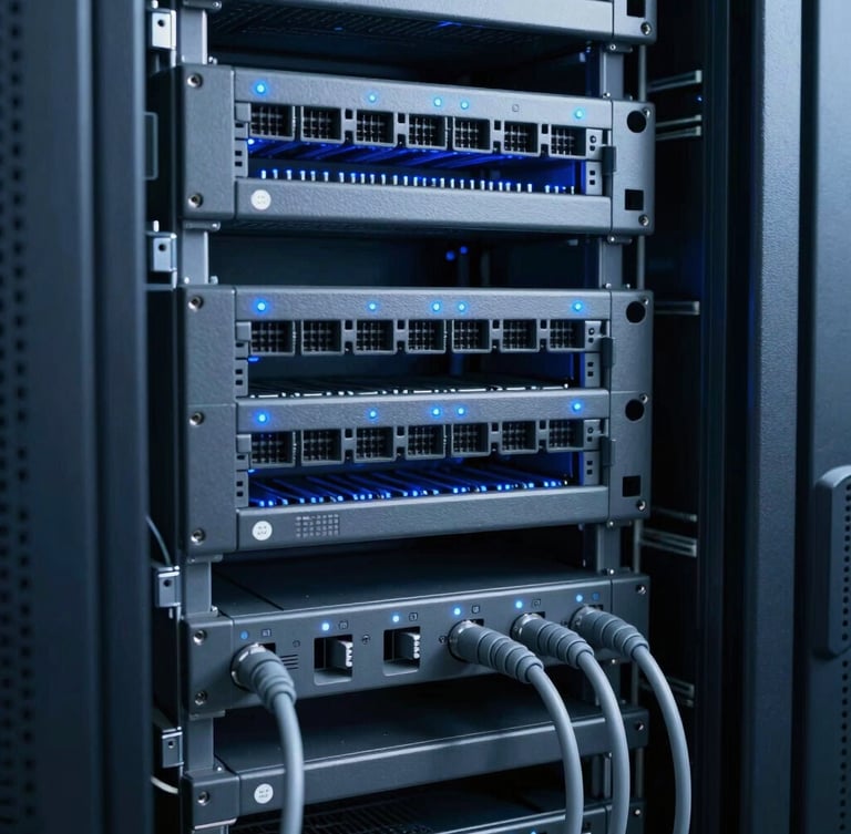 A close-up of clean server rack cabling in a cool-toned data center, subtle blue LED lights reflecting on slate gray hardware, sharp focus, 50mm lens