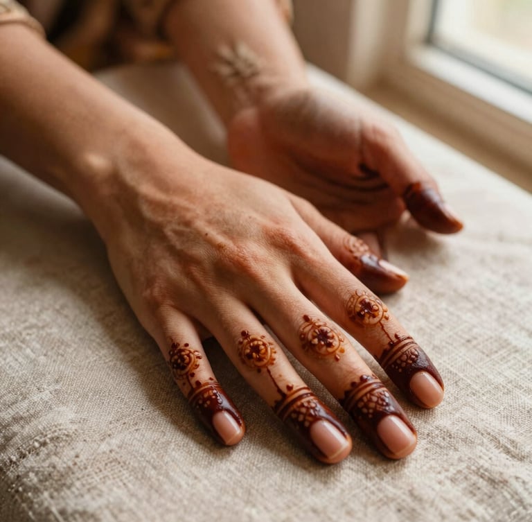 Macro shot of rich, dark mahogany mehendi stain on hands, fingers adorned with delicate patterns, resting on textured linen, warm natural lighting