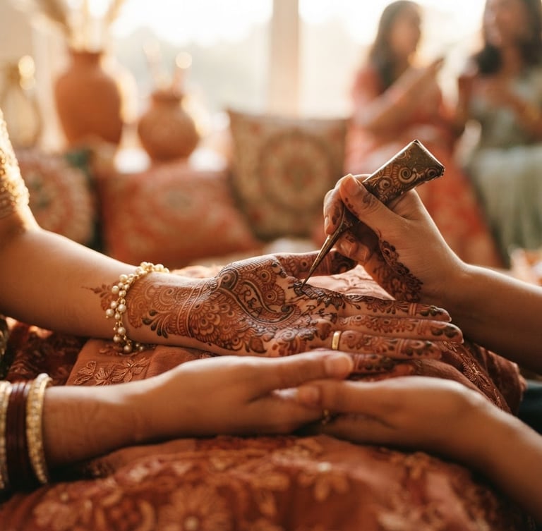 Macro editorial photograph of intricate bridal mehendi being applied to palms, warm golden-hour window light, rich terracotta tones, shallow depth of field, 35mm.