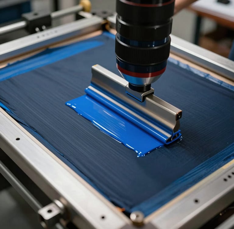 A close-up of a screen printing frame with electric blue ink being squeegeed onto a dark fabric surface inside a professional printing studio.