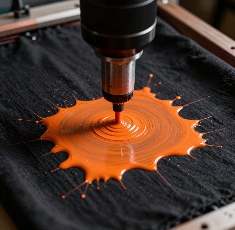 Extreme close-up of vibrant orange ink being pressed through a technical screen-printing mesh onto a heavy black cotton fabric, dramatic studio lighting, high contrast.