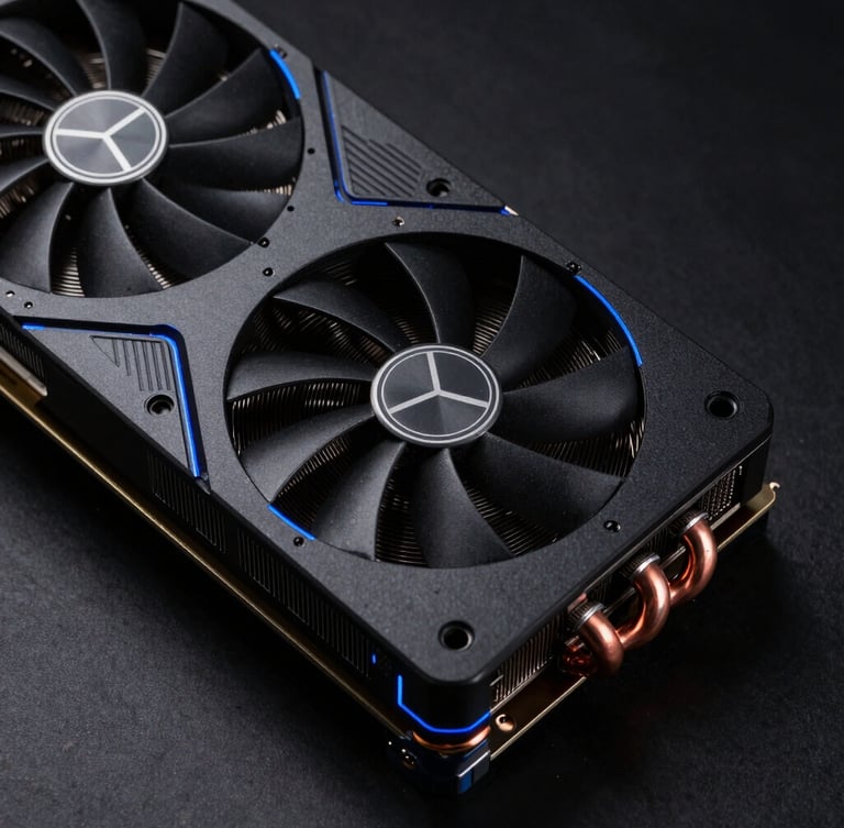 Macro photography of a high-end graphics card copper heat pipes, dramatic low-key studio lighting, electric blue edge highlights, matte black texture