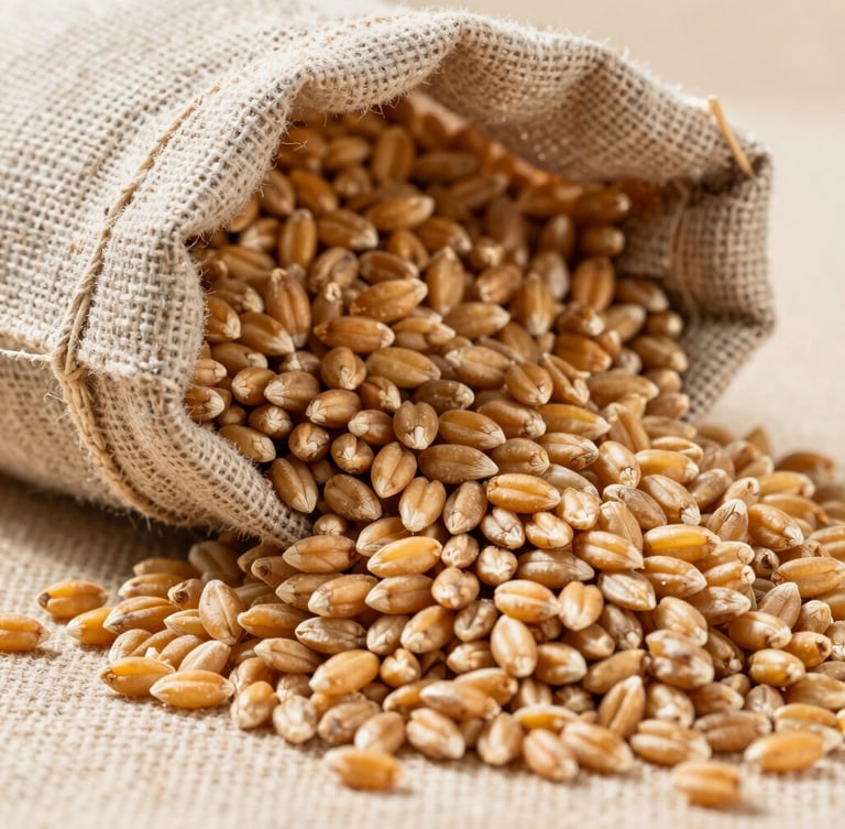 Macro shot of raw golden wheat grains overflowing from a clean, textured hessian sack, harsh natural sunlight highlighting the texture