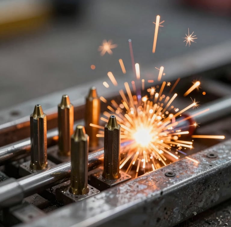 Macro close-up of high-grade welding electrodes in a heavy steel rack, vibrant orange sparks flying from a clean weld in the background, high contrast.