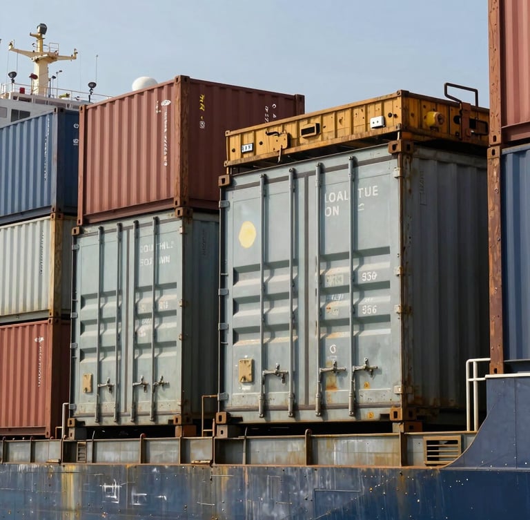 Close-up of industrial shipping containers being loaded onto a cargo vessel at an Indian port, harsh natural sunlight, steel textures