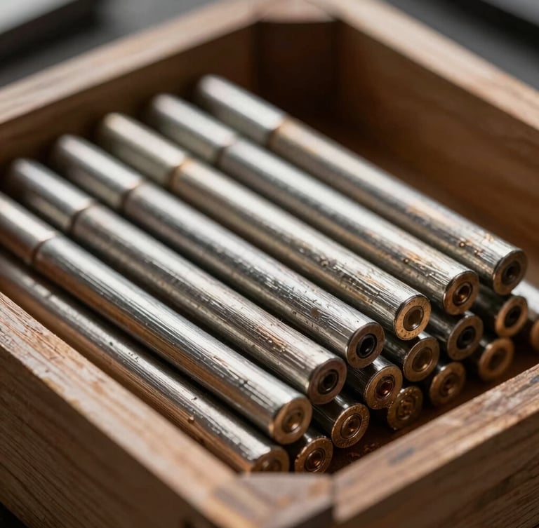 Close-up macro shot of flux-coated welding electrodes stacked neatly in a heavy wooden crate, industrial dramatic side lighting, high contrast.