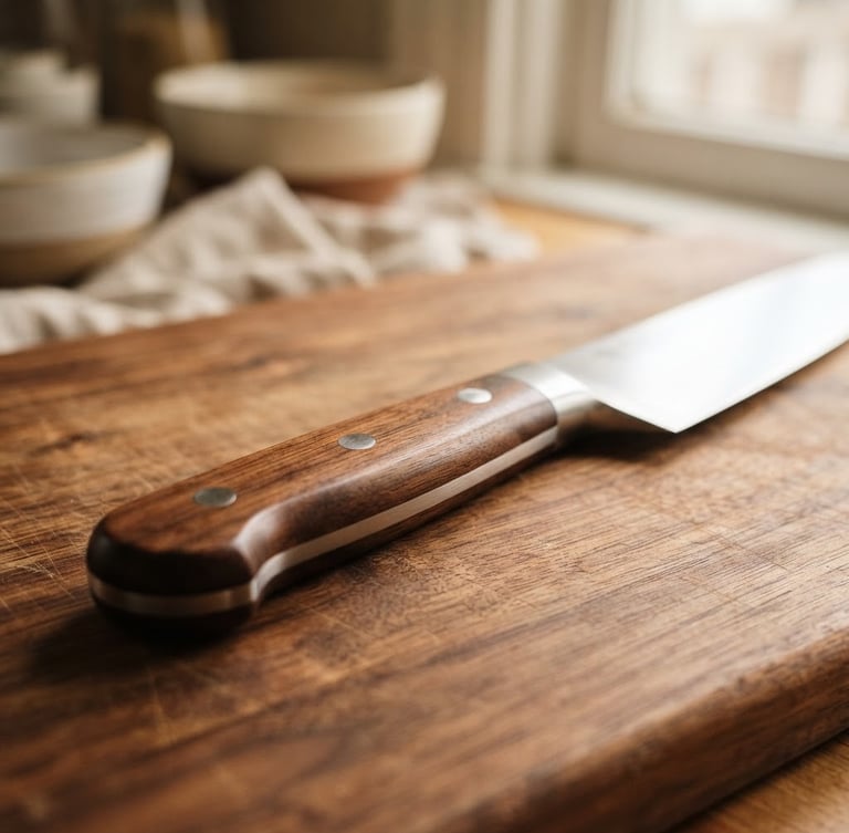 Close-up detail shot of the stainless steel knife handle resting on a warm wooden cutting board, soft natural morning light, clean editorial style