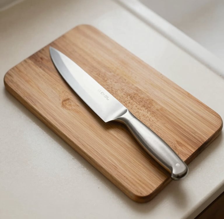 Overhead flat-lay of a stainless steel kitchen knife and a wooden cutting board on a warm cream countertop, soft natural side lighting.