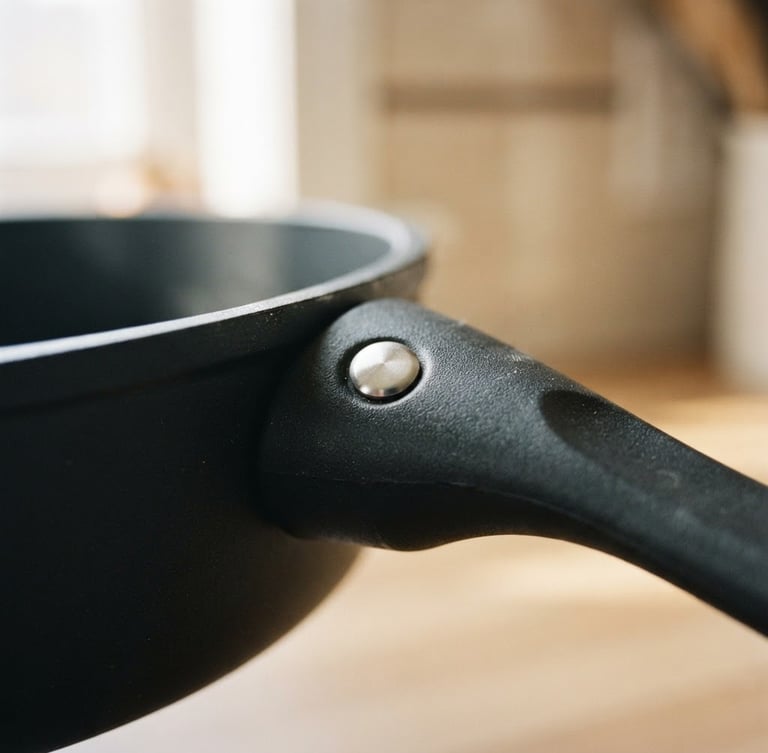 Close-up detail of a matte non-stick frying pan handle, stainless steel rivet, soft morning window light, warm neutral background.