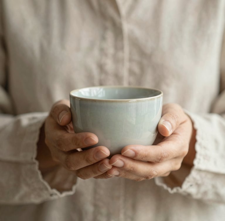 Close-up of gentle hands holding a warm ceramic cup, soft daylight, textured linen sleeve, serene and calm atmosphere.