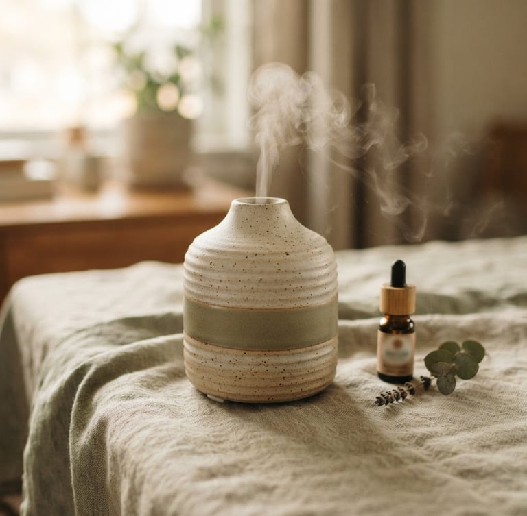 A ceramic diffuser on a linen tablecloth in soft, diffused morning daylight, muted sage and beige tones, tactile textures, shallow depth of field