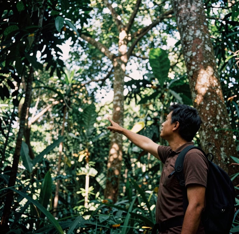 A local native guide pointing towards the high canopy of giant ceiba trees, dappled jungle sunlight filtering through leaves, raw editorial photography