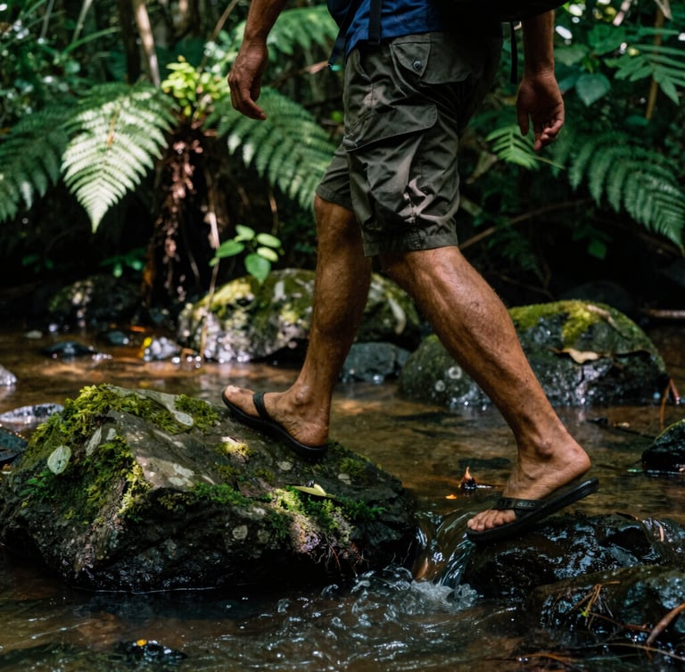 Close-up of a native guide crossing a shallow jungle river, wet mossy stones, dense green ferns, dappled sunlight, raw editorial style