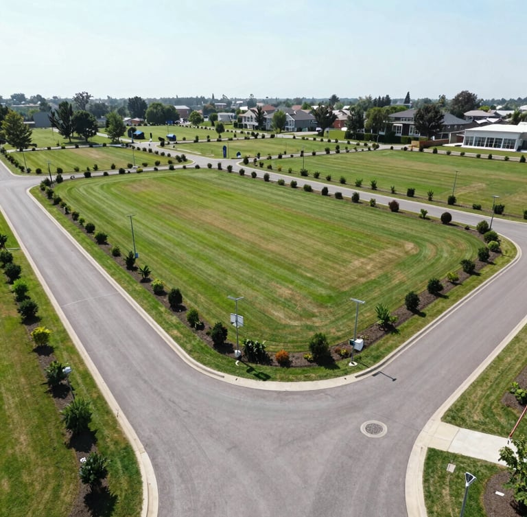 Ground-level wide-angle view of a developed residential plotting layout, featuring clean asphalt roads, manicured green verges, and clear boundary markers under bright daylight.
