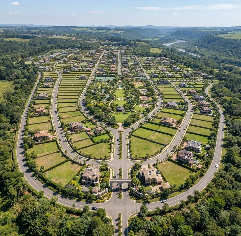 Aerial drone view of a premium plotted township, wide paved internal roads, green landscaped parks, bright mid-morning daylight, clear physical boundaries.