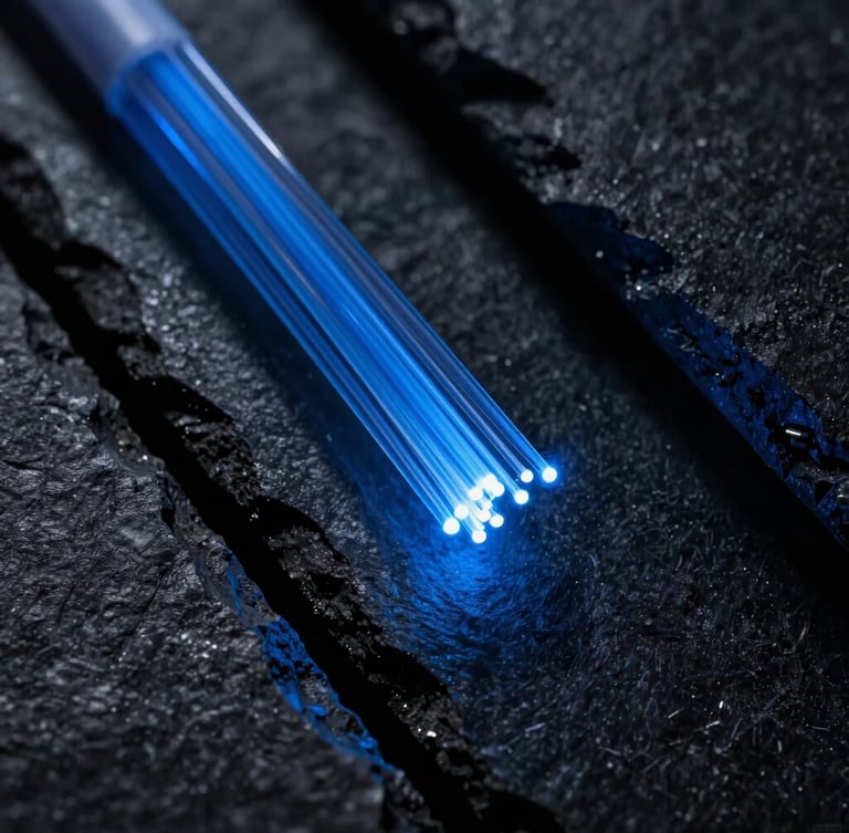 Extreme macro shot of glowing blue fiber optic cables pulsing through deep slate metallic channels, high contrast, dark editorial photography