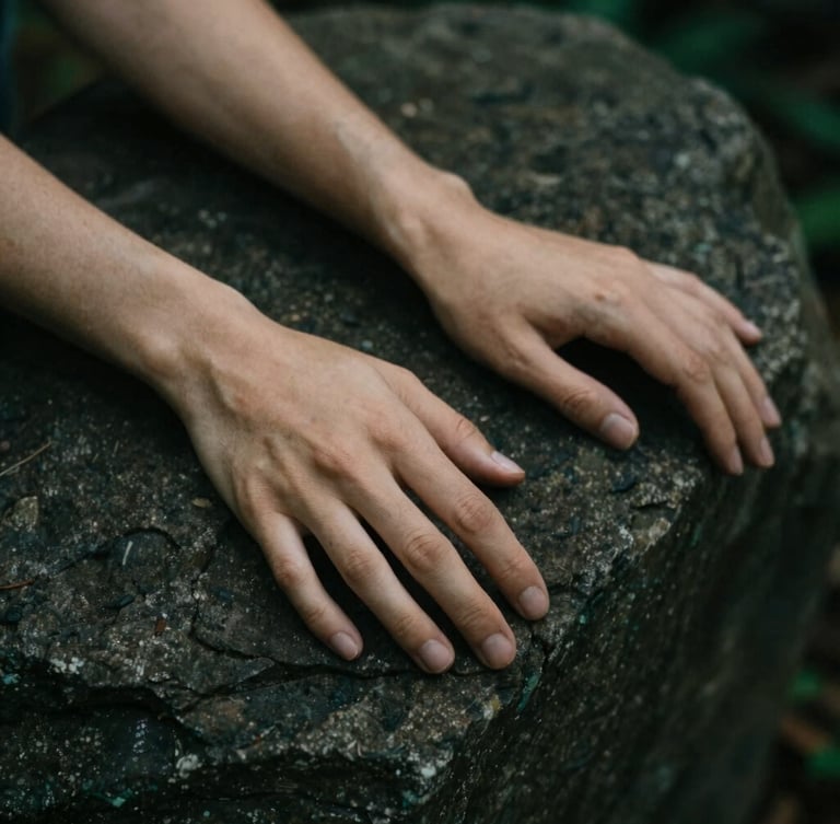Close-up of hands resting on textured dark stone, moody natural lighting, soft shadows, organic textures, 35mm lens