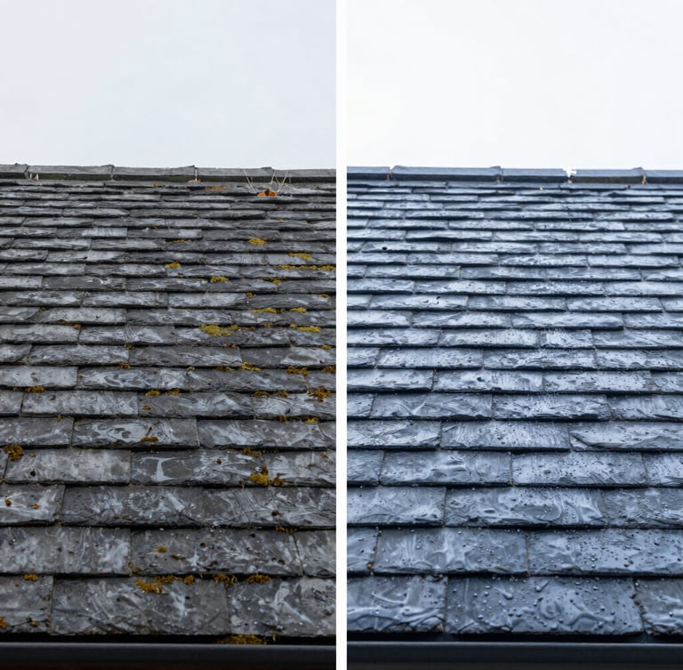 Split-screen architectural before and after photo of a slate roof, left side weathered with green moss, right side clean and water-beading, overcast bright day